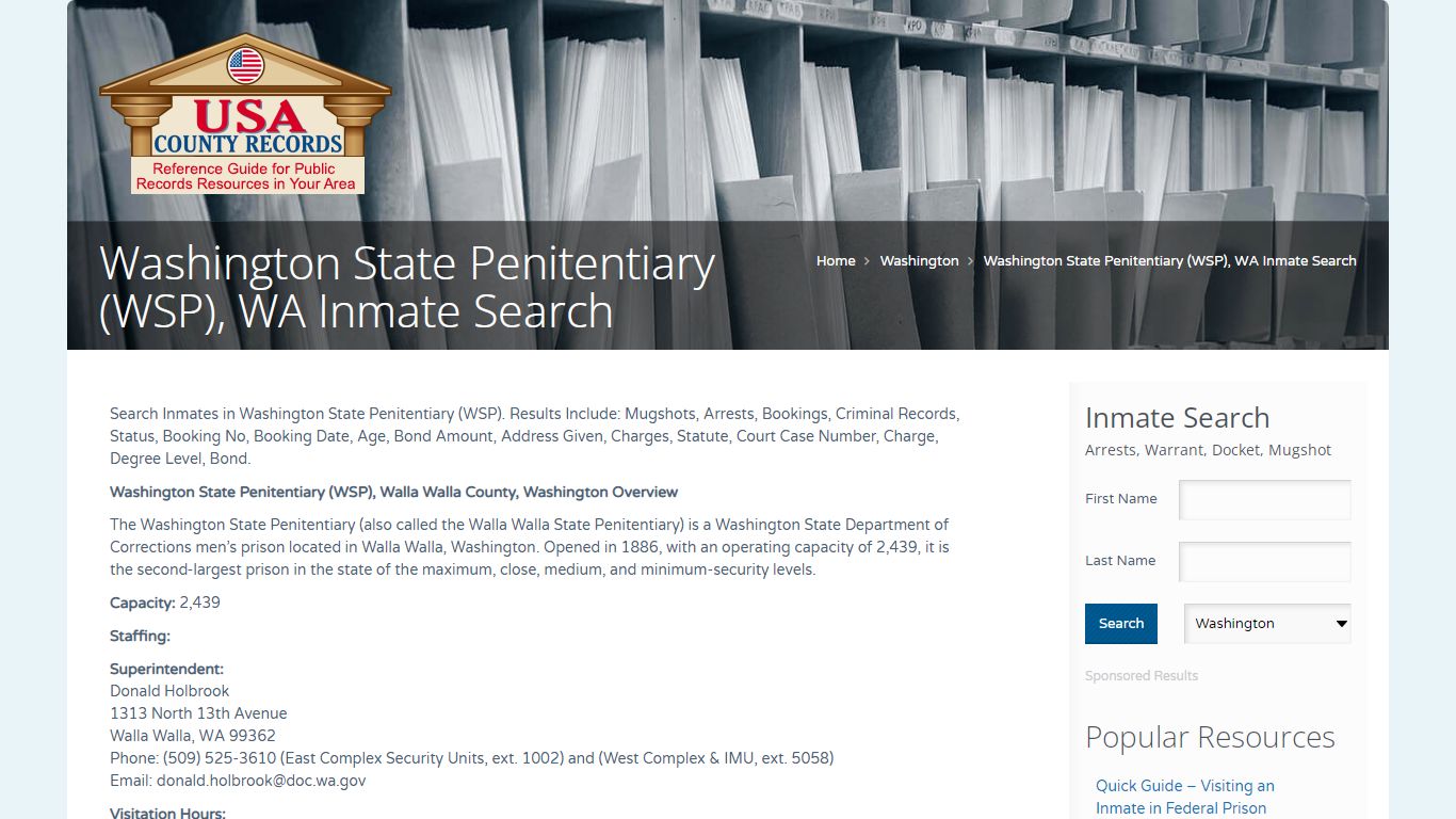 Washington State Penitentiary (WSP), WA Inmate Search
