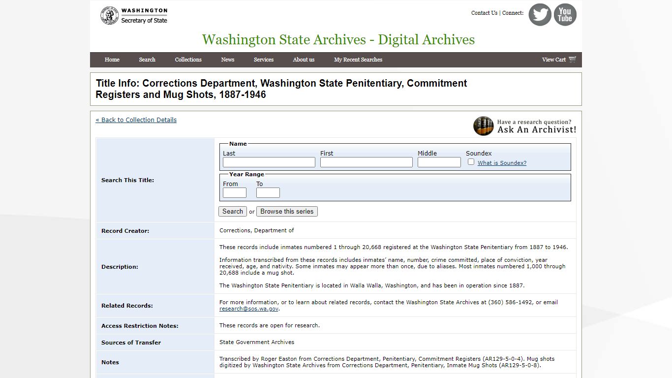 Title Info: Corrections Department, Washington State Penitentiary ...